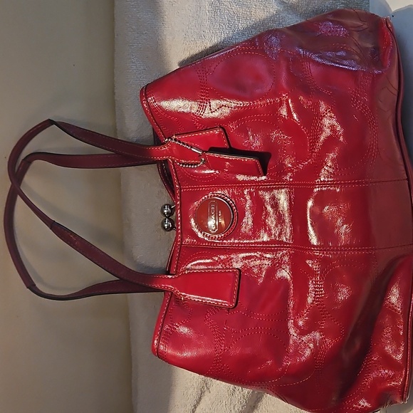 Coach '11 Patent Leather Carry-All Red Stitch Monogram Bag - Picture 1 of 9